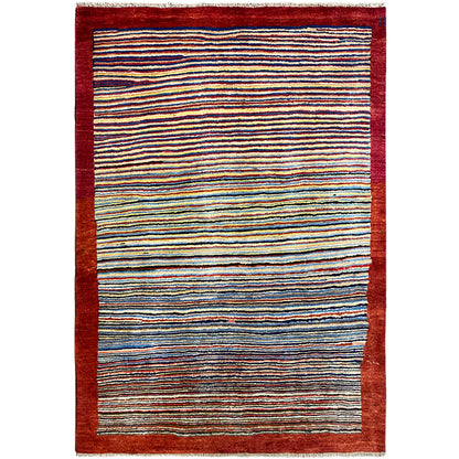 Gabbeh rug with multicolored stripes and a dark red border
