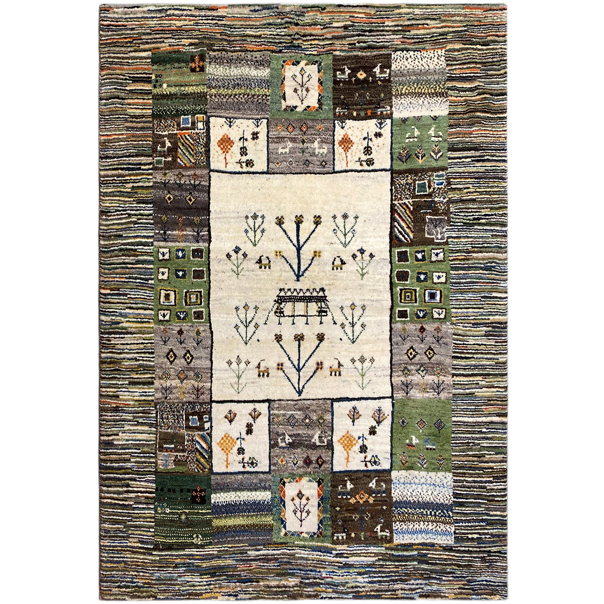 Gabbeh rug with border and central pattern of animals, trees, and squares