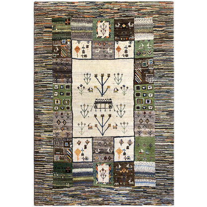Gabbeh rug with border and central pattern of animals, trees, and squares