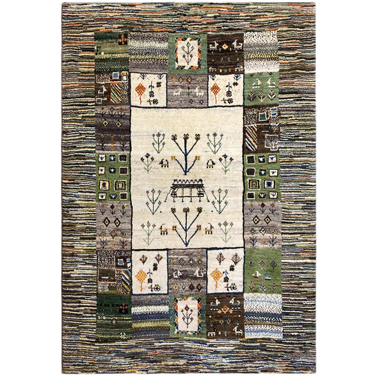 Gabbeh rug with border and central pattern of animals, trees, and squares