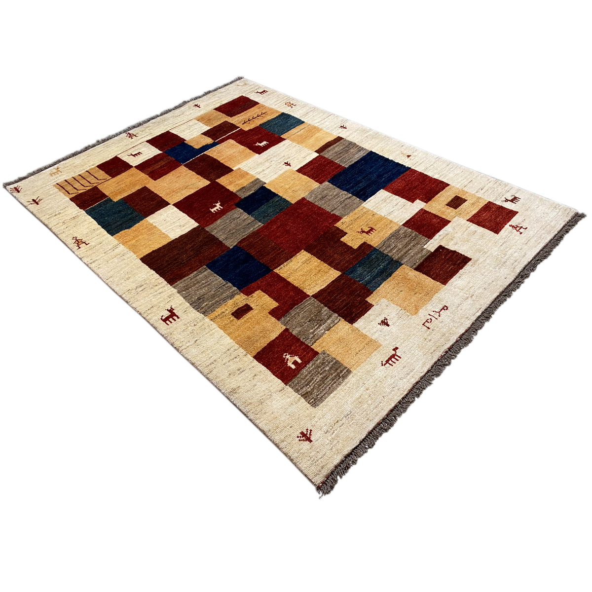 Gabbeh rug diagonal: geometric blocks in cream, red, blue and ochre