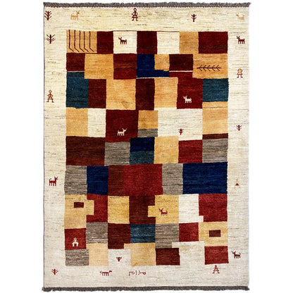 Gabbeh rug with geometric patchwork in cream, red, blue, and brown
