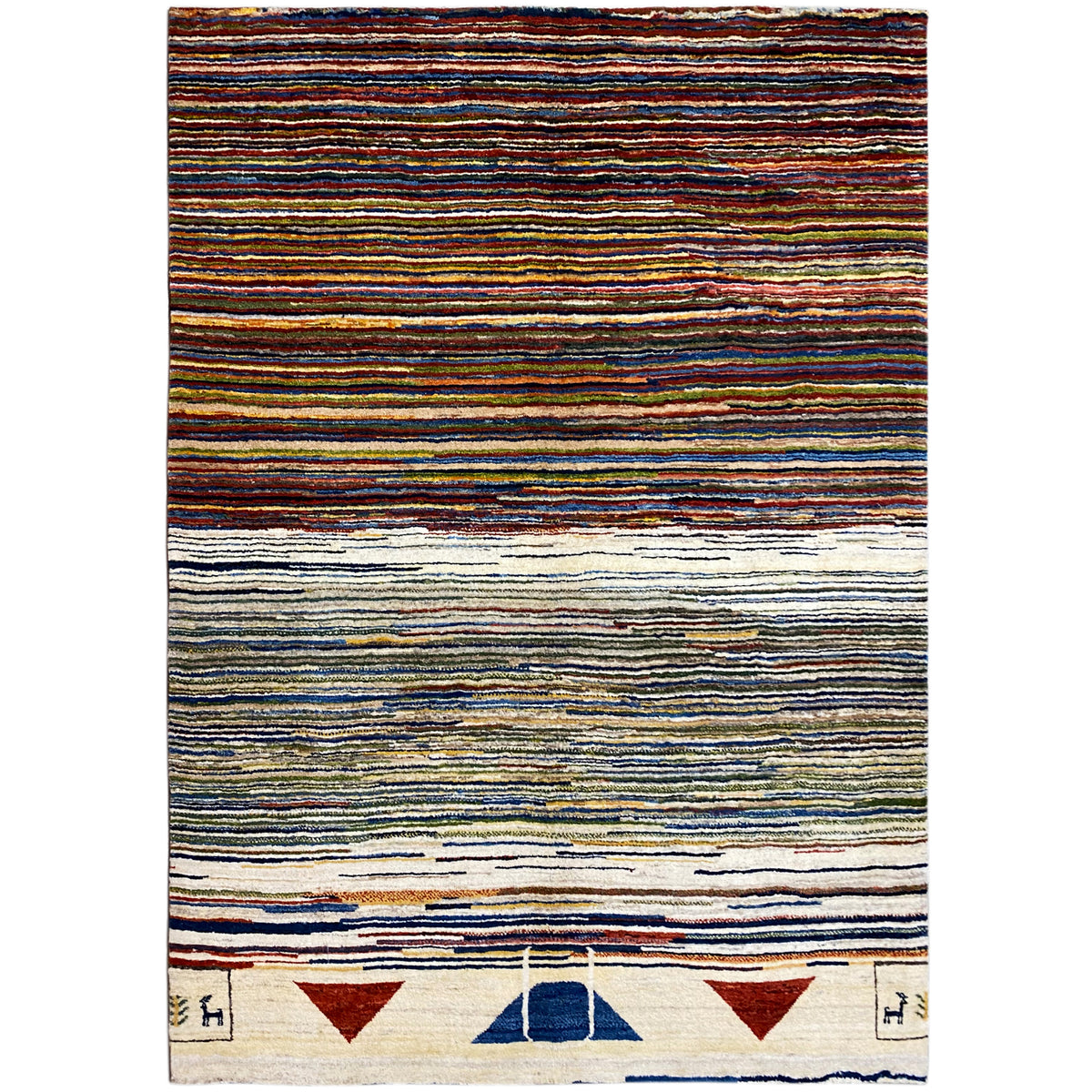 Gabbeh rug with multicolored stripes and a surrounding border pattern, approx. 228 x 170 cm