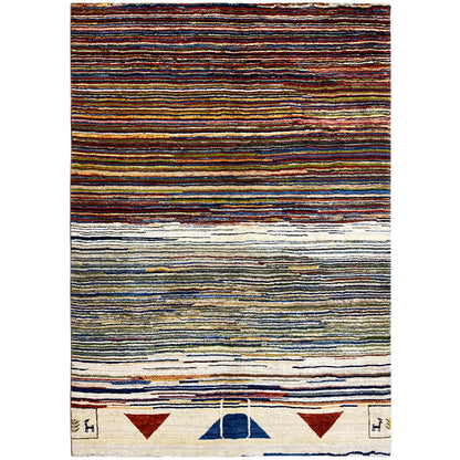 Gabbeh rug with multicolored stripes and a surrounding border pattern, approx. 228 x 170 cm