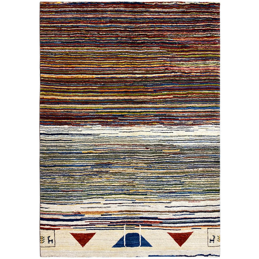 Gabbeh rug with multicolored stripes and a surrounding border pattern, approx. 228 x 170 cm