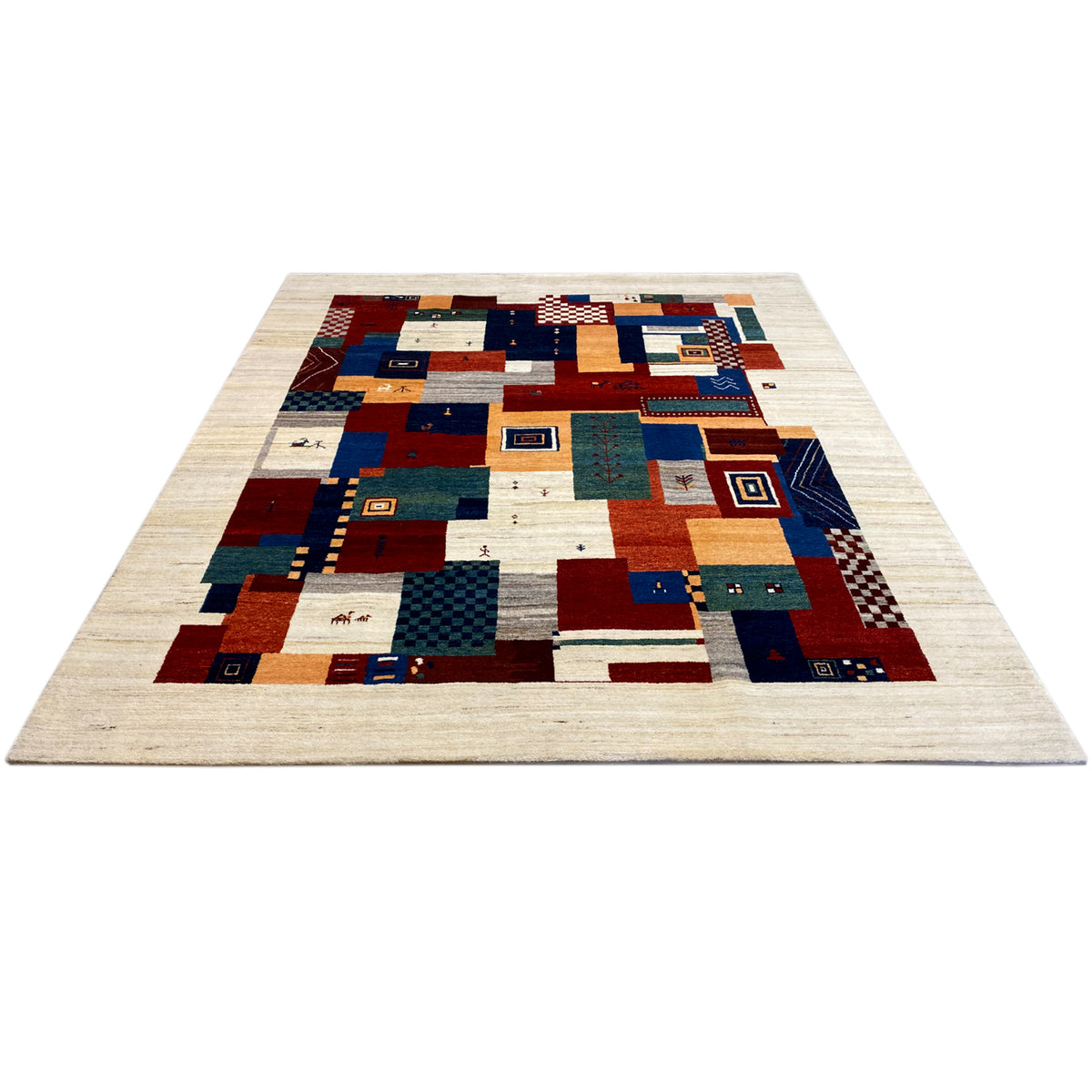 Rectangular Gabbeh rug with a beige border and geometric patchwork in blue and red