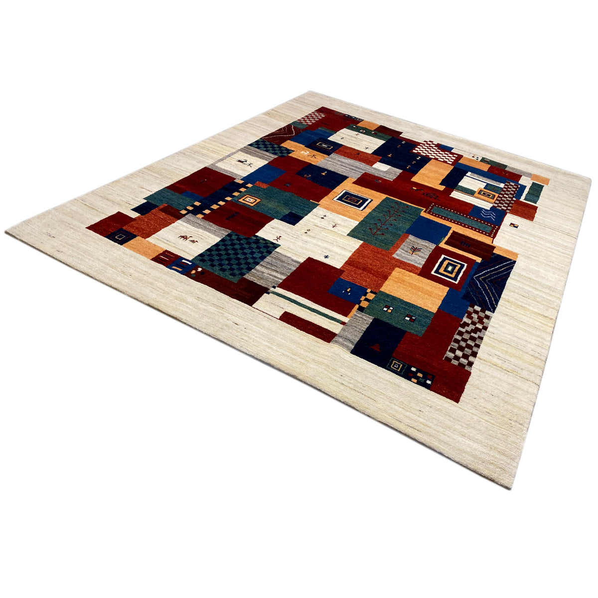 Rectangular Gabbeh rug: patchwork fields in red, blue, and green on a beige background