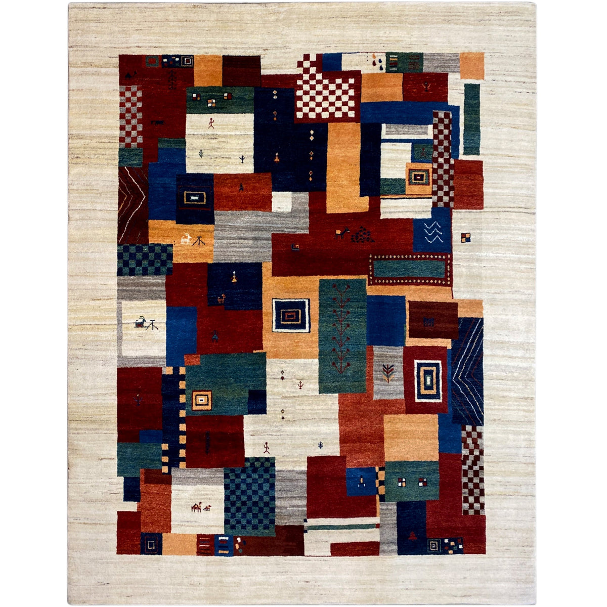Gabbeh rug with a beige background and colorful patchwork pattern, rectangular