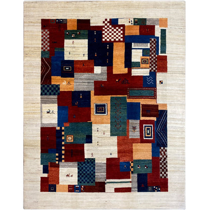Gabbeh rug with a beige background and colorful patchwork pattern, rectangular