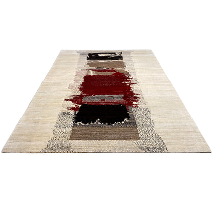 Flat-woven Gabbeh rug with a central patterned stripe in red, black, and gray on a light beige background
