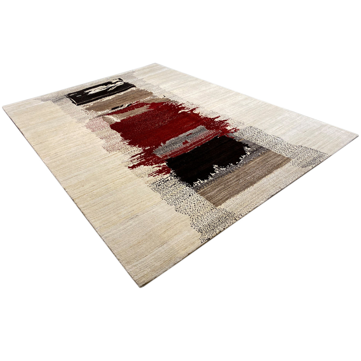 Gabbeh rug in three-quarter view with abstract rectangles in red, black, and gray