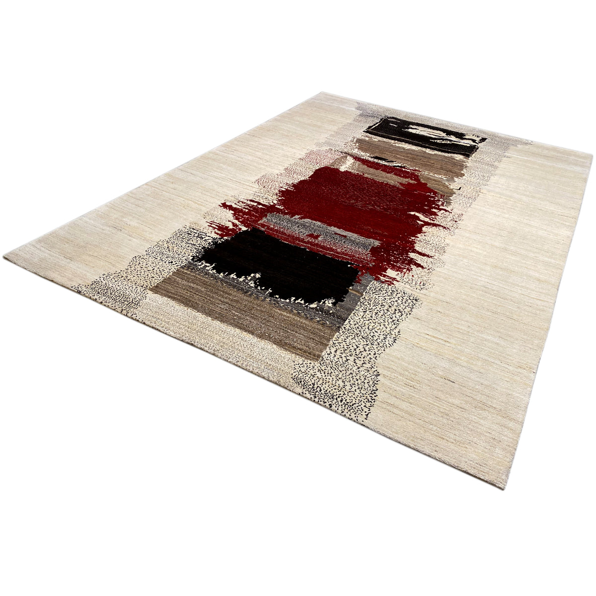 Gabbeh rug in diagonal view with a striped look and patches of red, black, and gray