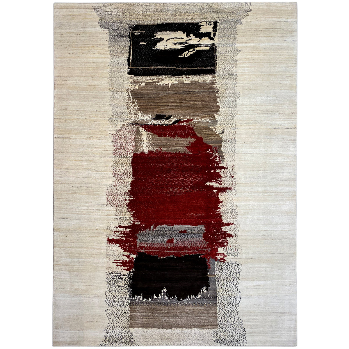 Gabbeh rug with an abstract pattern in light beige, red, black and gray, rectangular