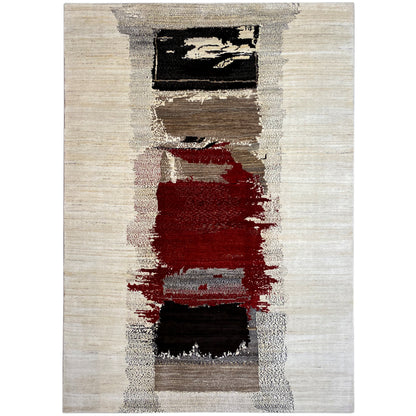 Gabbeh rug with an abstract pattern in light beige, red, black and gray, rectangular