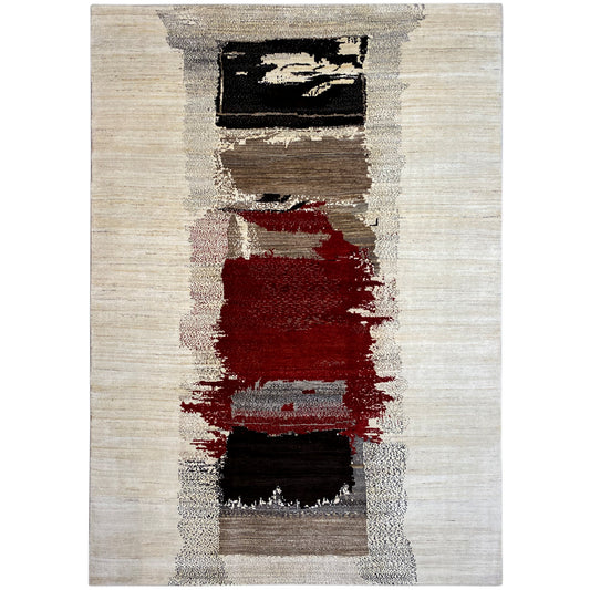 Gabbeh rug with an abstract pattern in light beige, red, black and gray, rectangular