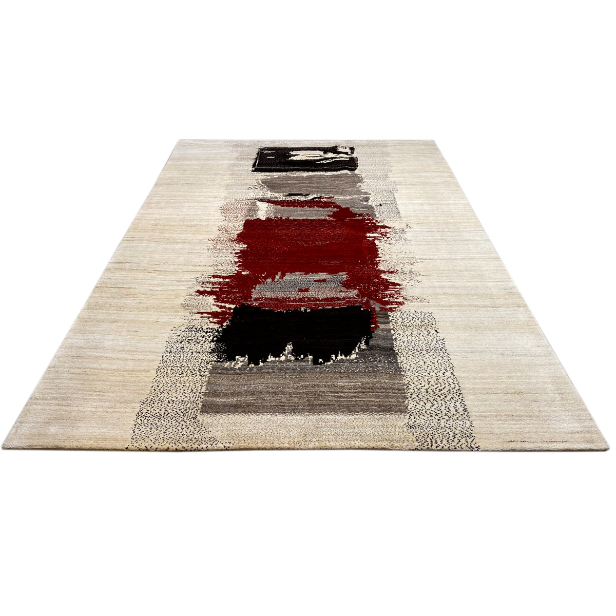 Gabbeh rug with a beige background, red central section, and black contrasting stripe