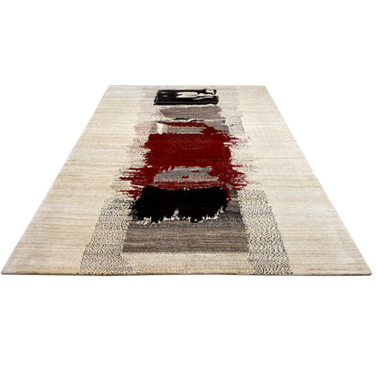 Gabbeh rug with a beige background, red central section, and black contrasting stripe
