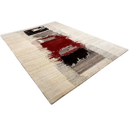 Diamond-pattern gabbeh rug: beige pile with a red, black, and gray abstract design