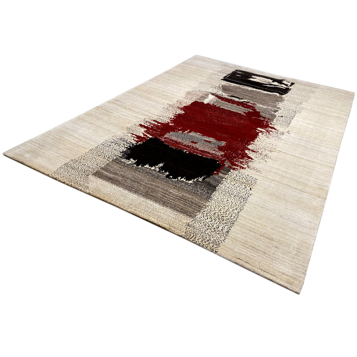 Gabbeh rug lying at an angle: beige background, red accent, and gray areas