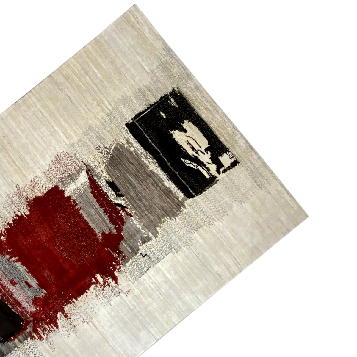 Gabbeh rug corner with a black square, red spot, and beige striped pattern