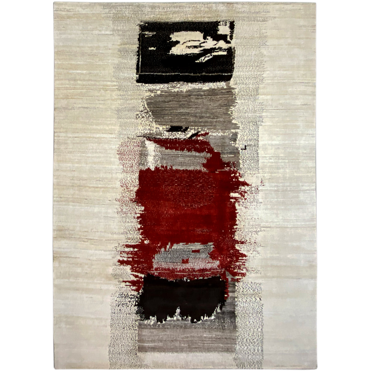 Gabbeh rug with a beige background and an abstract red and black rectangular pattern