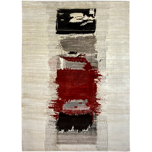 Gabbeh rug with a beige background and an abstract red and black rectangular pattern