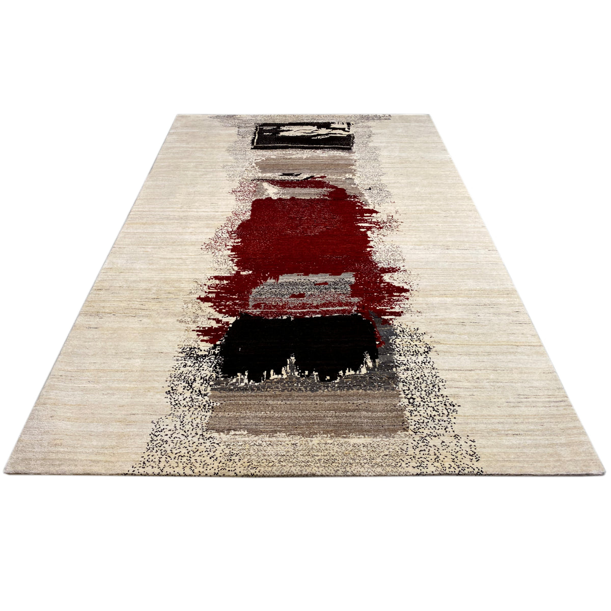 Gabbeh rug with a beige background, red central band, and black rectangular patterns