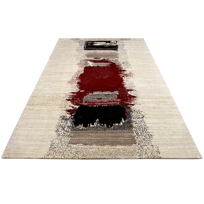 Gabbeh rug with a beige background, red central band, and black rectangular patterns
