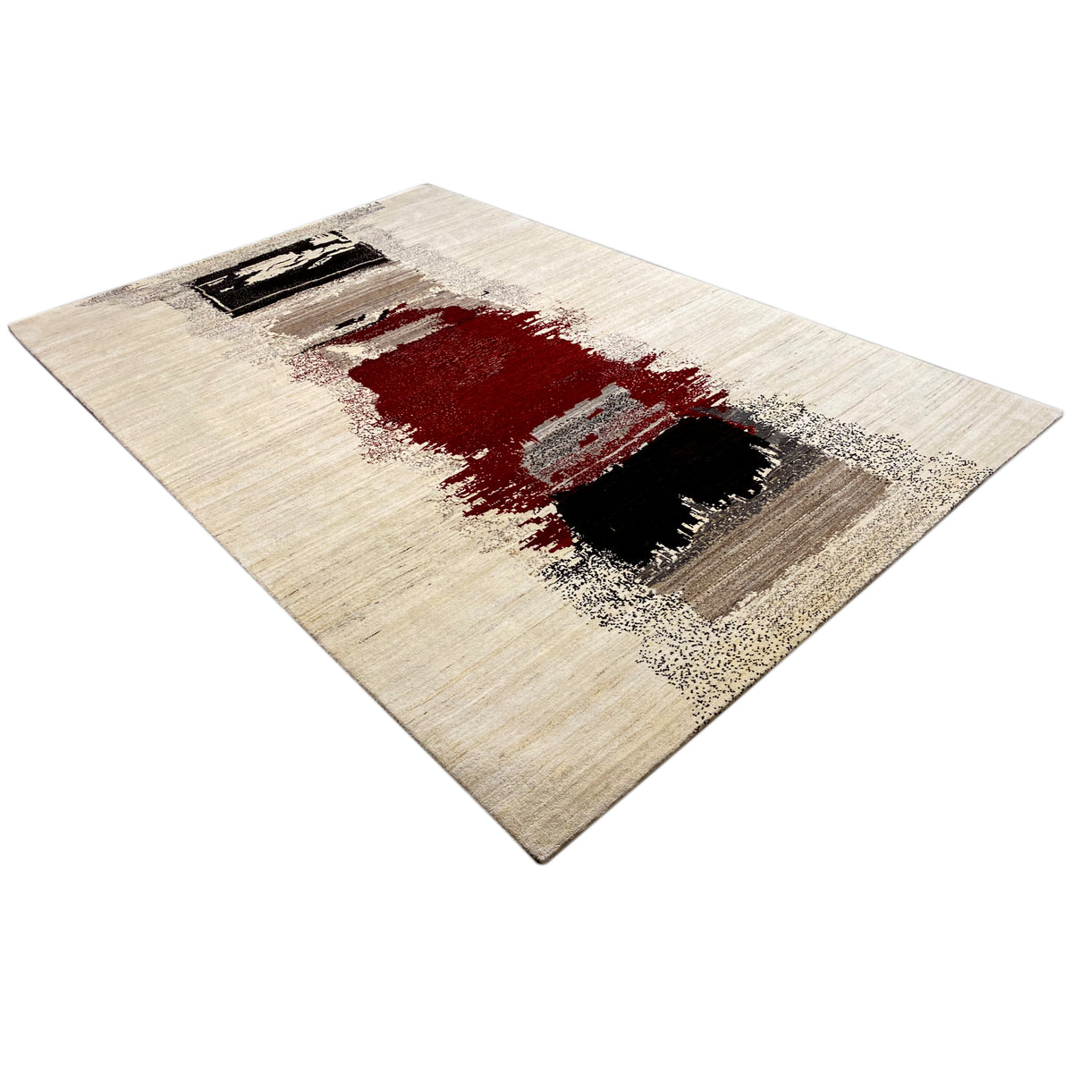 Carpet with a beige background and a red, striped pattern over two black areas