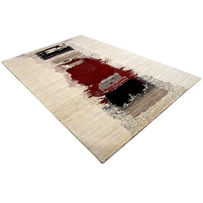 Carpet with a beige background and a red, striped pattern over two black areas
