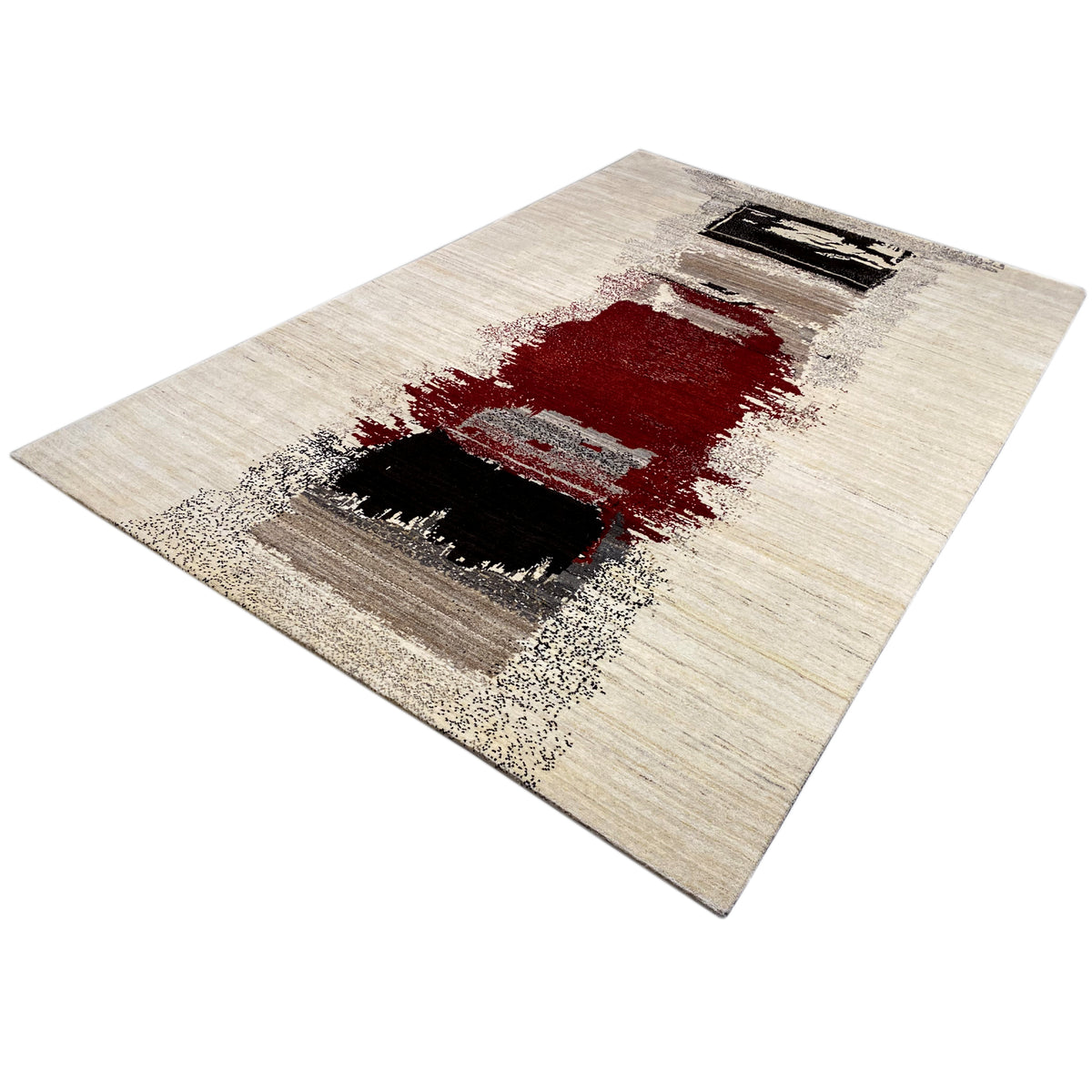 Beige rug with a red blotchy pattern and two contrasting black bars