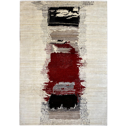 Gabbeh rug with a beige background and red and black abstract patterns