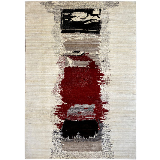 Gabbeh rug with a beige background and red and black abstract patterns