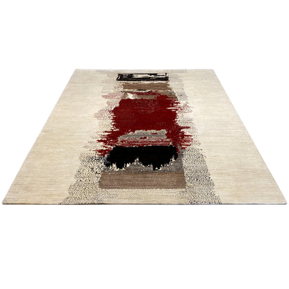 Rectangular Gabbeh rug, light beige with a red stripe and black color blocks