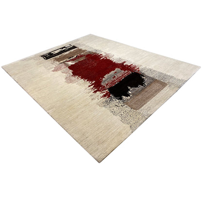Diamond-shaped Gabbeh rug, light base with a red and black abstract design