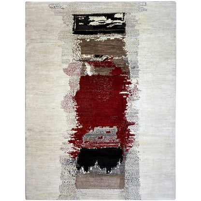 Gabbeh rug with an abstract pattern in red, black and brown on a light beige background