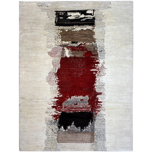 Gabbeh rug with an abstract pattern in red, black and brown on a light beige background