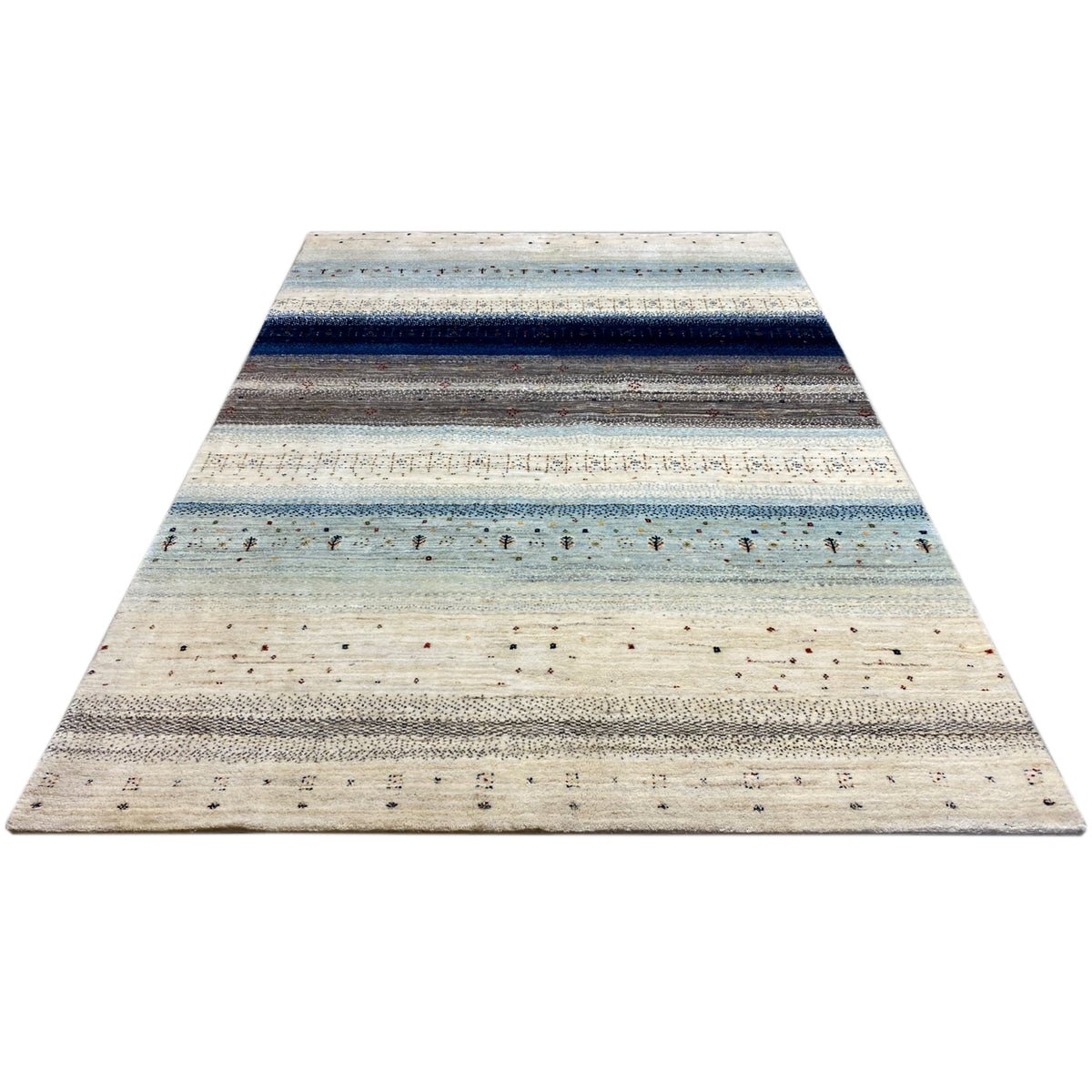 Rectangular Gabbeh rug with horizontal stripes in blue and beige