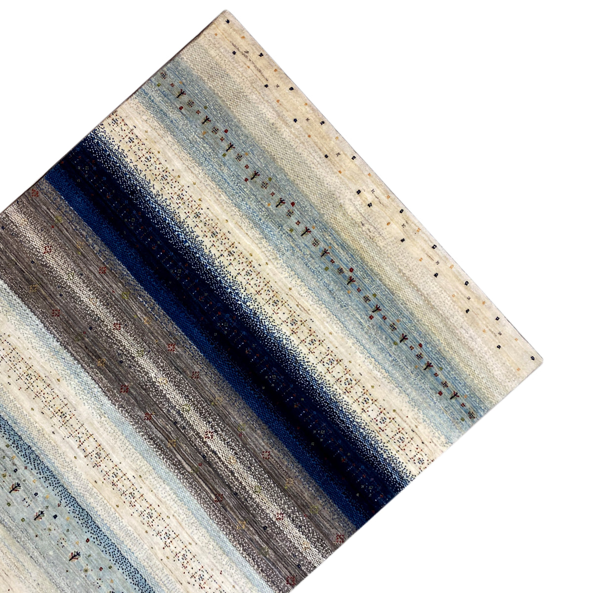 Gabbeh rug in beige, blue, and dark blue with wide horizontal stripes