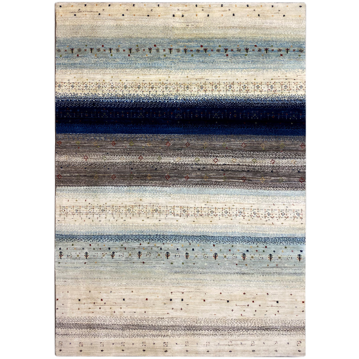 Gabbeh rug with multicolored stripes in blue, beige, and dark gray, rectangular