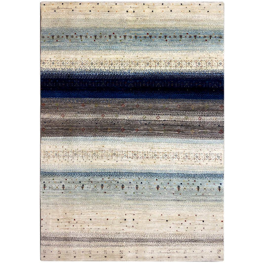 Gabbeh rug with multicolored stripes in blue, beige, and dark gray, rectangular