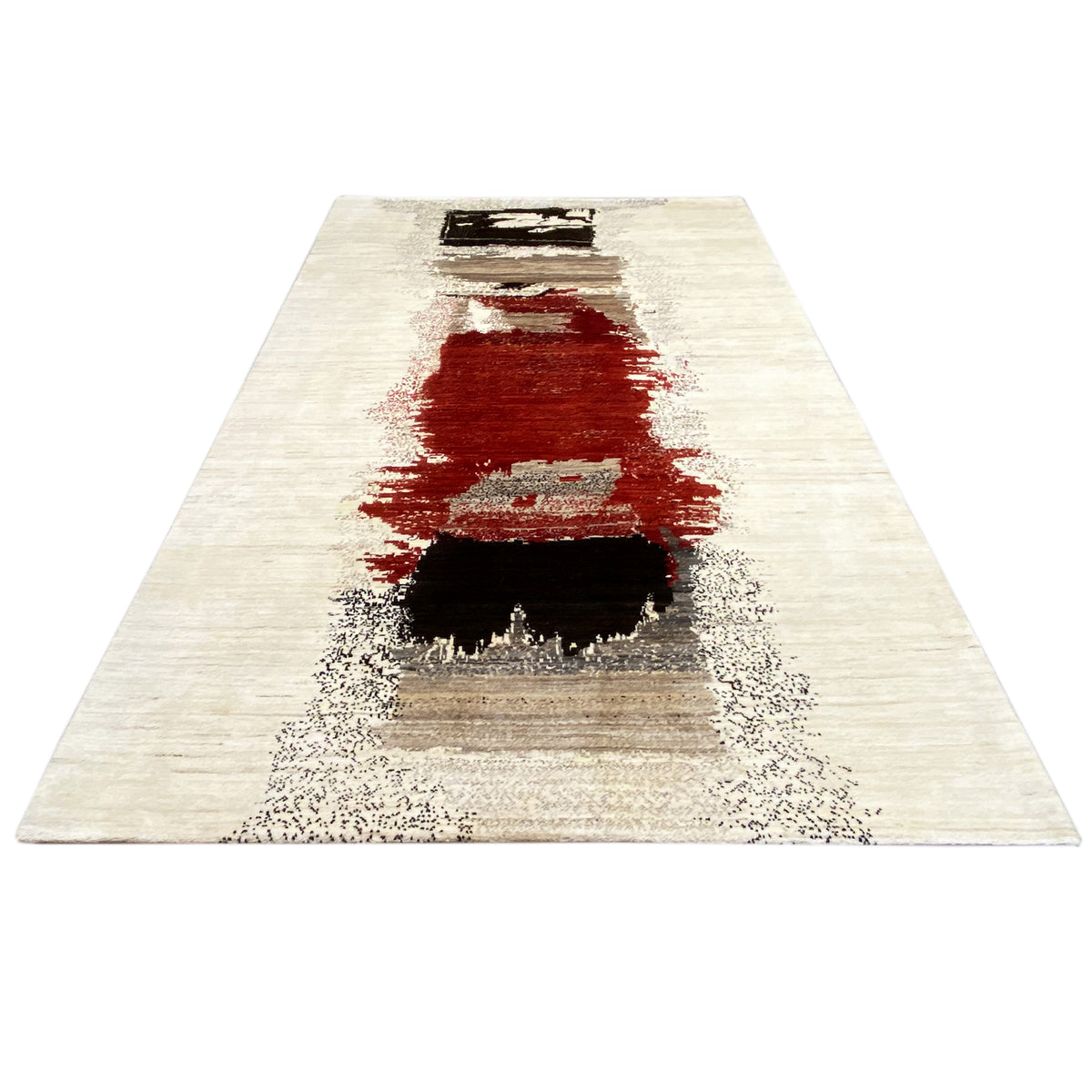 Beige gabbeh rug with a red central stripe and black rectangular pattern elements