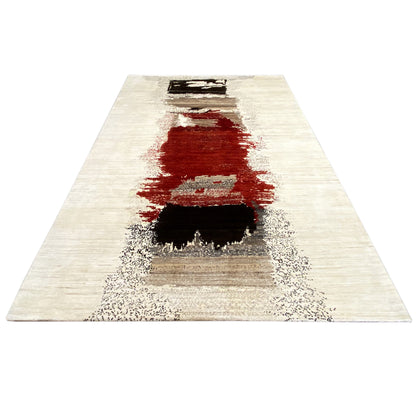 Beige gabbeh rug with a red central stripe and black rectangular pattern elements