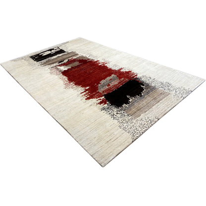 Gabbeh rug, oriented diagonally: beige pile with a red pattern and black areas