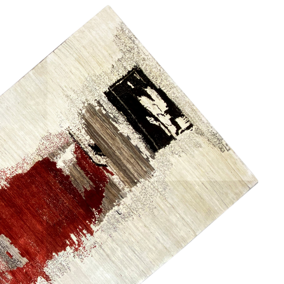 Gabbeh rug detail with a red color spot, beige-gray background, and black diamonds