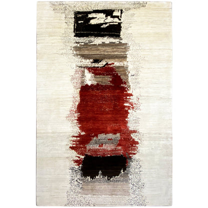 Gabbeh rug with a beige background and red stripe pattern with black accents