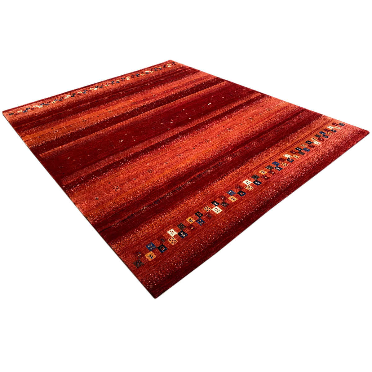 Red corner Gabbeh rug, wide stripes and decorative border