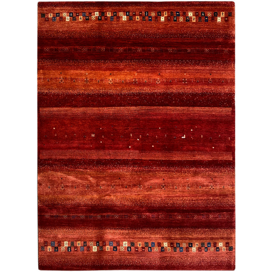 Red Gabbeh rug with wide stripes and colorful diamonds along the edges