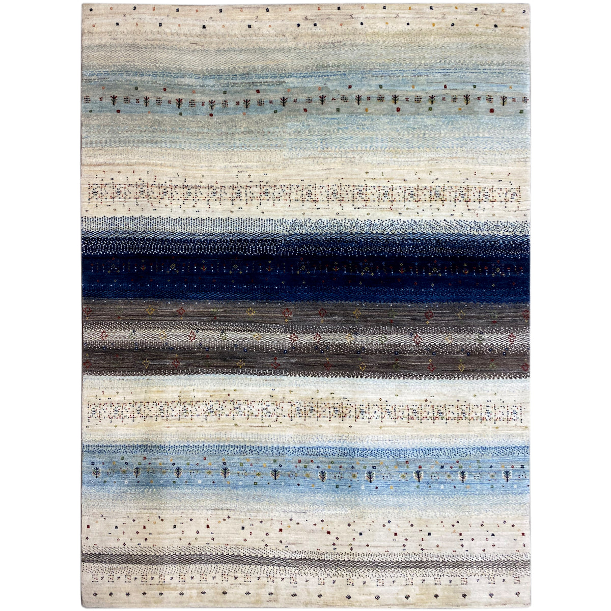 Gabbeh rug with a cream-colored base and horizontal blue and anthracite stripes