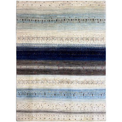 Gabbeh rug with a cream-colored base and horizontal blue and anthracite stripes